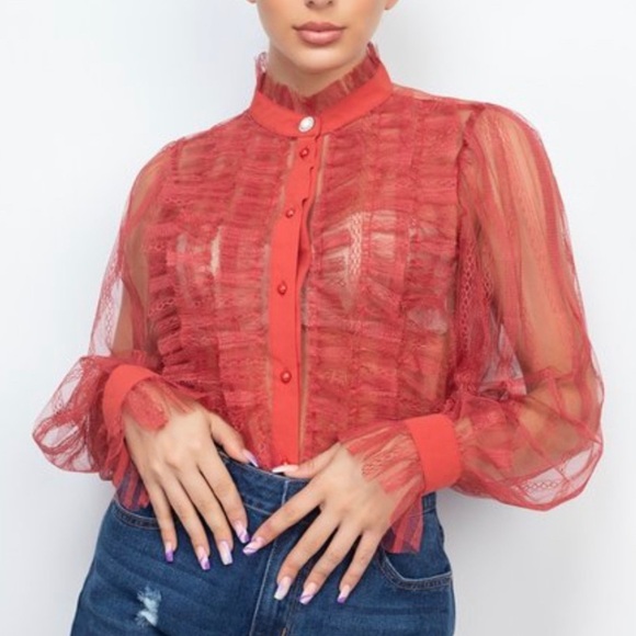 NEW Dark Marsala Mock Neck Sheer Long Sleeve Blouse Ruffle Top - Picture 1 of 1